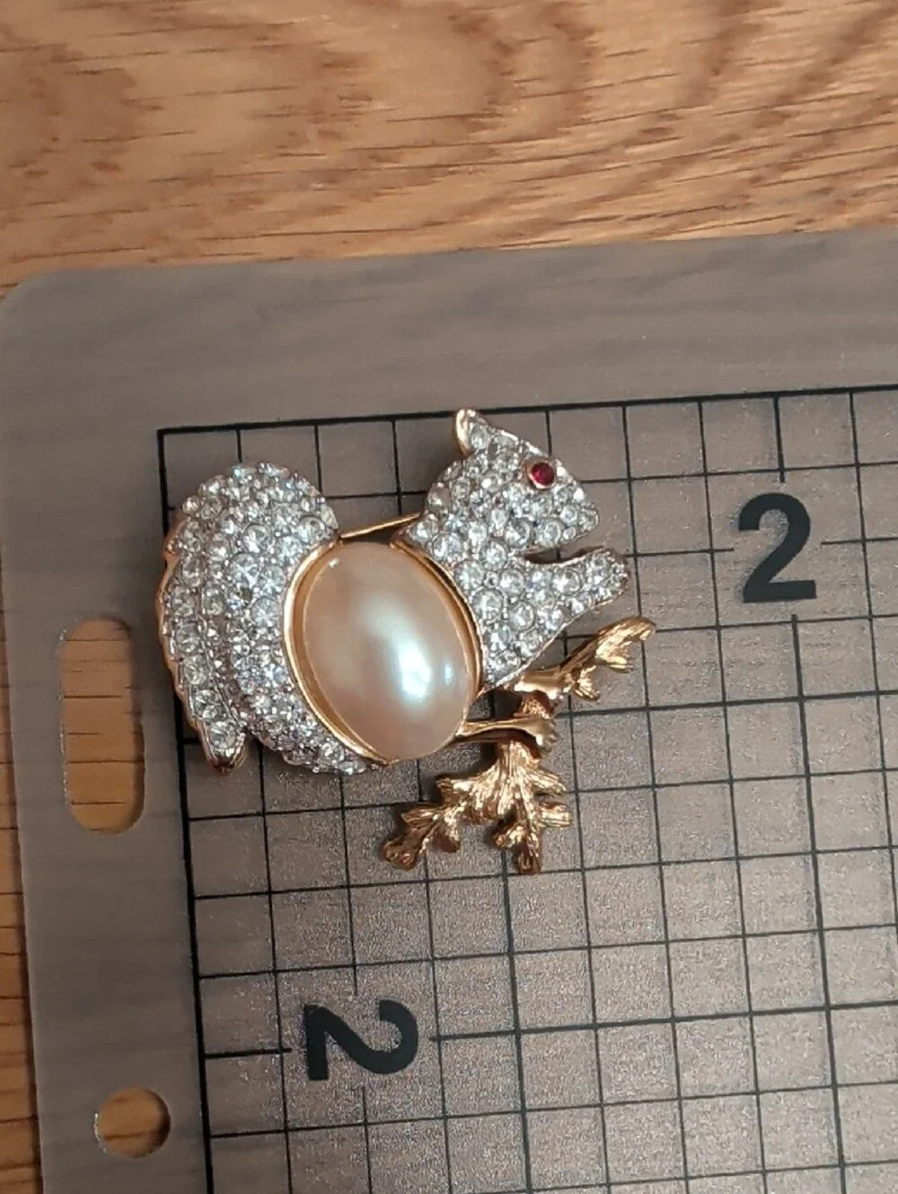 Gold Tone White Cabochon Rhinestone Squirrel Brooch